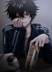 Rule 34 | 1boy, 1other, absurdres, alcohol, bags under eyes, black hair, blue jacket, blurry, blurry foreground, blush, can, grey eyes, hair between eyes, head rest, highres, holding, holding can, imai akira, jacket, long sleeves, looking at viewer, male focus, multiple boys, original, pov, pov hands, shirt, simple background, smile, solo focus, strong zero, track jacket, upper body