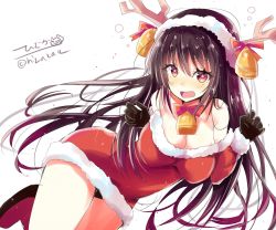 Rule 34 | 1girl, alternate costume, bell, black gloves, black hair, blush, breasts, dress, gloves, hair between eyes, hair ornament, haruna (kancolle), highres, hizaka, horns, kantai collection, large breasts, long hair, looking back, open mouth, red eyes, red ribbon, ribbon, santa costume, santa dress, simple background, white background