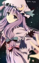 Rule 34 | 1girl, blue ribbon, crescent, crescent hair ornament, dress, frills, hair ornament, hair ribbon, hat, highres, long hair, mob cap, pajamas, patchouli knowledge, purple eyes, purple hair, red ribbon, remoyona, ribbon, solo, striped clothes, striped dress, touhou, tress ribbon