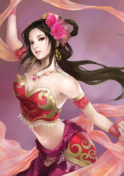 Rule 34 | 1girl, black hair, diao chan, earrings, flower, hair flower, hair ornament, jewelry, long hair, looking at viewer, midriff, navel, necklace, official art, romance of the three kingdoms