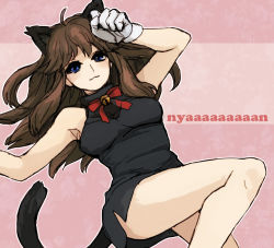Rule 34 | 1girl, animal ears, armpits, bad id, bad pixiv id, bare legs, bare shoulders, bell, black dress, blue eyes, brown hair, cat ears, cat tail, creatures (company), dress, face, game freak, gloves, green (pokemon), jewelry, kemonomimi mode, kisasa, long hair, looking at viewer, lying, miidrm, nintendo, on back, pink background, pokemon, pokemon adventures, ribbon, short dress, sleeveless, solo, tail, text focus, white gloves