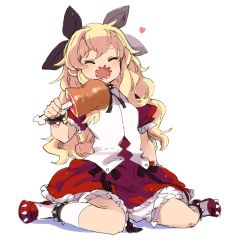 Rule 34 | 1girl, black ribbon, blonde hair, boned meat, bracelet, closed eyes, collar, commentary, food, full body, hair ribbon, heart, highres, holding, holding food, jewelry, kibako, long hair, meat, mota, neck ribbon, open mouth, rance (series), rance quest, red footwear, red skirt, ribbon, sharp teeth, shirt, shoes, short sleeves, simple background, sitting, skirt, socks, solo, spiked bracelet, spiked collar, spikes, teeth, wariza, white background, white shirt, white socks