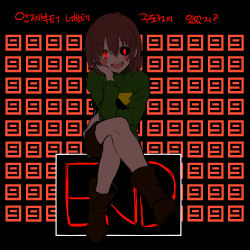 Rule 34 | 1other, :d, blush, boots, brown footwear, brown hair, brown shorts, chara (undertale), crossed legs, english text, full body, green shirt, green sweater, hand on own face, heterochromia, huton0309, korean text, long sleeves, looking at viewer, open mouth, red eyes, shirt, short hair, shorts, sitting, smile, solo, sweater, undertale