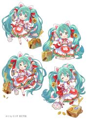 Rule 34 | 1girl, animal ears, apron, arm up, bell, blue eyes, blue hair, bow, bowtie, cat, cat ears, cat tail, coin, crypton future media, ema, gold, hair bow, hatsune miku, heterochromia, highres, japanese clothes, jingle bell, kimono, koban (gold), long hair, long sleeves, maneki-neko, maneki miku, multiple views, neck bell, official art, open mouth, paw pose, paw print, rassie s, red apron, red bow, red bowtie, sandals, simple background, smile, socks, spring onion, suitcase, tabi, tail, twintails, very long hair, vocaloid, white background, white kimono, white socks, wide sleeves