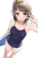Rule 34 | :d, alternate hairstyle, arm up, armpits, bare arms, blue one-piece swimsuit, blunt bangs, blush, breasts, collarbone, competition school swimsuit, covered navel, from above, hair ornament, hair scrunchie, highres, light brown hair, looking at viewer, love live!, love live! nijigasaki high school idol club, love live! school idol festival all stars, nail polish, nakasu kasumi, one-piece swimsuit, open mouth, red eyes, sankuro (agoitei), school swimsuit, scrunchie, simple background, sleeveless, small breasts, smile, solo, standing, swimsuit, white background, x, yellow scrunchie