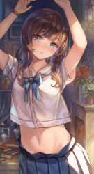 Rule 34 | 1girl, absurdres, arms up, bare arms, blue eyes, blue skirt, bow, bowtie, brown hair, collared shirt, crop top, crop top overhang, highres, long hair, looking at viewer, midriff, navel, original, parted lips, pleated skirt, school uniform, shirt, skirt, solo, stomach, white shirt, wristband, yahiro (heartseek000)