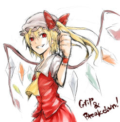 Rule 34 | 1girl, ascot, blonde hair, clenched hand, english text, female focus, flandre scarlet, graphite (medium), grin, hat, mixed media, r waizumi, short hair, smile, solo, touhou, traditional media, wa (r waizumi), white background, wings
