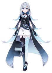Rule 34 | + +, 1girl, another project, belt, black capelet, black dress, black footwear, black gloves, blue belt, blue eyes, blue hair, capelet, chest jewel, chinese commentary, colored inner hair, dress, fingerless gloves, gloves, highres, long hair, looking at viewer, multicolored hair, official art, open hands, rola (vtuber), silver hair, skirt, smile, solo, thighhighs, transparent background, very long hair, virtual youtuber, white skirt