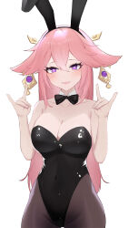 Rule 34 | 1girl, absurdres, animal ears, bad id, bad pixiv id, bingzhi juzi, black bow, black bowtie, black leotard, bow, bowtie, breasts, chinese commentary, cleavage, commentary request, cowboy shot, detached collar, fake animal ears, fox ears, fox shadow puppet, genshin impact, hair between eyes, highres, large breasts, leotard, long hair, looking at viewer, pantyhose, pink hair, playboy bunny, purple eyes, rabbit ears, rabbit tail, simple background, solo, strapless, strapless leotard, tail, white background, yae miko
