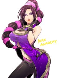Rule 34 | 1girl, bare shoulders, black hair, breasts, cleavage, cleavage cutout, clothing cutout, covered erect nipples, eyeshadow, fei rin, fingerless gloves, gloves, highres, large breasts, lips, long hair, makeup, max anarchy, navel, open clothes, pants, purple eyes, solo, tayoko, white background