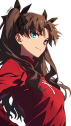 1girl absurdres awz_(a-w-z) blue_eyes brown_hair commentary cross fate/stay_night fate_(series) highres long_hair red_shirt shirt simple_background solo tohsaka_rin twintails upper_body white_background