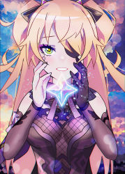 Rule 34 | 1girl, bare shoulders, black gloves, blonde hair, blue sky, blush, bodystocking, bow, breasts, elbow gloves, eyepatch, fischl (genshin impact), genshin impact, gloves, green eyes, hair over one eye, highres, long hair, looking at viewer, medium breasts, primogem, purple bow, purple neckwear, sixryder, sky, solo, two side up