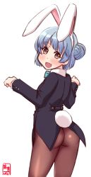 Rule 34 | 1girl, alternate costume, animal ears, artist logo, ass, black coat, blue bow, blue bowtie, blue hair, bow, bowtie, brown pantyhose, coat, commentary request, dated, detached collar, double bun, from behind, hair bun, highres, kanon (kurogane knights), kantai collection, leotard, looking at viewer, looking back, pantyhose, rabbit ears, rabbit tail, samuel b. roberts (kancolle), short hair, simple background, solo, tail, tailcoat, thong, white background, wrist cuffs