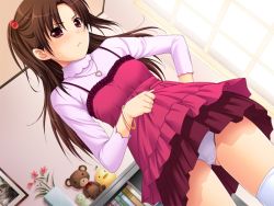 Rule 34 | 10s, 1girl, blush, bracelet, brown hair, casual, clothes lift, dress, dutch angle, frilled dress, frills, game cg, hair bobbles, hair ornament, indoors, jewelry, layered dress, long hair, long sleeves, necklace, nonohara miki, official art, panties, purple dress, red eyes, saginomiya rin, short dress, shoukoujo, skirt, skirt lift, solo, spaghetti strap, thighhighs, two side up, underwear, upskirt, white panties, white thighhighs