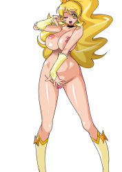 Rule 34 | 10s, 1girl, blonde hair, breasts, censored, choker, cure honey, curvy, earrings, female focus, female masturbation, hair ornament, hair ribbon, happinesscharge precure!, highres, huge breasts, jewelry, kneehighs, long hair, masturbation, navel, nude, one eye closed, oomori yuuko, open mouth, precure, pussy, raisuta, ribbon, shiny skin, simple background, smile, socks, solo, standing, thigh gap, wavy hair, white background, wide hips, wink, yellow eyes
