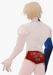 Rule 34 | blonde hair, blue skin, bucumberr, colored skin, dainsleif (genshin impact), from behind, genshin impact, highres, shirt, short shorts, shorts, t-shirt, thick thighs, thighs, white background, white shirt