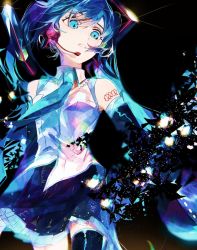 Rule 34 | 1girl, armpit crease, bare shoulders, black background, black skirt, black thighhighs, blue eyes, blue necktie, blue theme, breasts, collared shirt, colorful, dark background, darkness, detached sleeves, dissolving, english text, expressionless, eyelashes, facing away, floating hair, glint, glowing, hatsune miku, headset, highres, karanagare, light particles, long hair, looking afar, necktie, parted lips, pleated skirt, shirt, shoulder tattoo, simple background, skirt, sleeveless, sleeveless shirt, small breasts, solo, tareme, tattoo, thighhighs, twintails, vocaloid, white shirt, zettai ryouiki