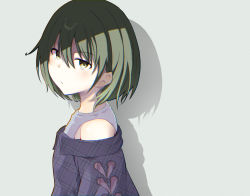 Rule 34 | 1girl, bare shoulders, black sweater, blush, brown eyes, cac itinose, closed mouth, commentary request, drop shadow, from side, grey background, hair between eyes, idolmaster, idolmaster shiny colors, looking at viewer, looking to the side, nanakusa nichika, off-shoulder sweater, off shoulder, shirt, short hair, sleeveless, sleeveless shirt, solo, sweater, upper body, v-shaped eyebrows, white shirt