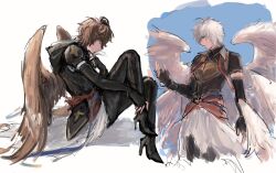 Rule 34 | 2boys, ahoge, armor, bishounen, blue eyes, boots, brown hair, brown wings, cape, cereu57, closed eyes, commentary, cowboy shot, elbow gloves, english commentary, expressionless, feathered wings, feathers, from side, gloves, granblue fantasy, high heel boots, high heels, highres, hood, hood down, knees up, lucifer (shingeki no bahamut), male focus, messy hair, multiple boys, multiple wings, object kiss, red ribbon, ribbon, sandalphon (granblue fantasy), short hair, sitting, sketch, turtleneck, unfinished, white cape, white feathers, white hair, white wings, wings