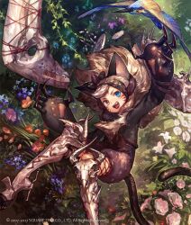 1girl animal_ears armored_boots bird black_shirt blue_eyes blue_flower boots brown_eyes brown_hair bush cat_ears cat_girl cat_tail claws daisy facial_mark flower foot_out_of_frame heterochromia lord_of_vermilion mamalili_(lord_of_vermilion) official_art open_mouth orange_flower purple_flower shirt slit_pupils so-taro tail whisker_markings white_flower white_lily