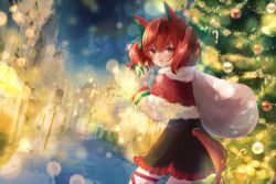 Rule 34 | 1girl, animal ears, black dress, blurry, bokeh, brown eyes, brown hair, candy, candy cane, capelet, christmas, christmas lights, christmas tree, commentary, depth of field, dress, dutch angle, ear covers, food, frilled dress, frills, from behind, fur-trimmed capelet, fur trim, gift, green ribbon, grey shirt, hair ribbon, highres, holding, holding gift, holding sack, horse ears, horse girl, horse tail, leg ribbon, long sleeves, looking at viewer, looking back, medium hair, nekoneko gon, nice nature (umamusume), night, night sky, open mouth, outdoors, over shoulder, red capelet, ribbon, road, sack, shirt, sky, smile, solo, standing, star (sky), starry sky, street, tail, thigh ribbon, umamusume