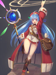 Rule 34 | 1girl, :d, ahoge, arm up, bag, blue hair, blush, boots, breasts, brown footwear, cleavage, cleavage cutout, clothing cutout, coat, commentary request, dress, grey background, hair between eyes, hair intakes, hat, holding, holding staff, knee boots, long hair, long sleeves, magic circle, medium breasts, open clothes, open coat, open mouth, original, red coat, red eyes, red hat, short dress, shoulder bag, simple background, smile, solo, staff, standing, standing on one leg, very long hair, white dress, wide sleeves, yukichin