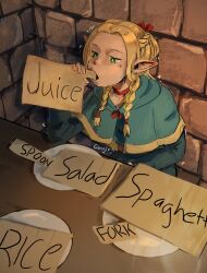 Rule 34 | 1girl, absurdres, blonde hair, blue capelet, braid, capelet, cardboard, choker, commentary, dungeon meshi, eating, elf, english commentary, english text, green eyes, highres, holding, indoors, liamickpie, long hair, long sleeves, marcille donato, plate, pointy ears, red choker, sitting, solo, stone wall, table, upper body, wall