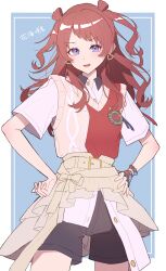 Rule 34 | 1girl, absurdres, belt, blue eyes, blush, earrings, gakuen idolmaster, hanami saki, hands on own hips, heart, heart earrings, highres, idolmaster, isana615, jewelry, long hair, looking at viewer, open mouth, red hair, shorts, smile, solo, sweater vest