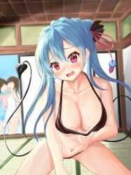 Rule 34 | 1girl, bare arms, between legs, bikini, bikini pull, bikini top pull, black bikini, black bow, blue hair, blush, bow, braid, breasts, cleavage, clothes pull, collarbone, commentary request, cowboy shot, crown braid, curvy, day, demon tail, double-parted bangs, eyelashes, fake tail, floating hair, foreshortening, hair between eyes, hair bow, hair bun, hair ornament, halterneck, hand between legs, head tilt, highres, indoors, large breasts, leaning forward, light rays, long hair, looking at viewer, navel, open mouth, pulling own clothes, red eyes, red tassel, shiki samapoke, sidelighting, sidelocks, single hair bun, sitting, solo, sorakado ao, stomach, summer pockets, sunbeam, sunlight, swimsuit, tail, tassel, tassel hair ornament, tatami, variant set, very long hair, wavy hair
