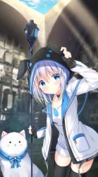 Rule 34 | 1girl, absurdres, animal, animal ears, animal hood, arm up, black gloves, black thighhighs, blue eyes, blue hair, blurry, blurry background, blush, closed mouth, commentary request, day, depth of field, dog, fake animal ears, fingerless gloves, gloves, gochuumon wa usagi desu ka?, hair between eyes, hair ornament, highres, hood, hood up, hooded jacket, jacket, kafuu chino, long sleeves, looking at viewer, open clothes, open jacket, outdoors, pizzzica, rabbit ears, rabbit hood, shirt, short shorts, shorts, skindentation, smile, solo, thighhighs, white jacket, white shirt, white shorts, x hair ornament