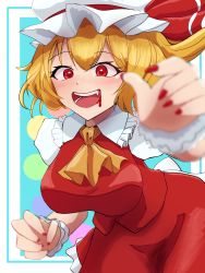 Rule 34 | 1girl, absurdres, aged up, alternate breast size, ascot, blonde hair, blood, blood from mouth, breasts, commentary request, cowboy shot, fang, flandre scarlet, frilled shirt collar, frills, hat, hat ribbon, highres, large breasts, leaning forward, looking at viewer, medium hair, mob cap, nail polish, open mouth, puffy short sleeves, puffy sleeves, red eyes, red nails, red ribbon, red skirt, red vest, ribbon, shirt, short sleeves, skirt, skirt set, solo, teeth, touhou, upper teeth only, vest, white hat, white shirt, wrist cuffs, yama kabosu, yellow ascot
