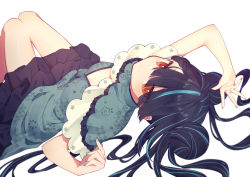 Rule 34 | 1girl, absurdres, black hair, blue nails, breasts, china dress, chinese clothes, closed mouth, colored inner hair, double bun, dress, floral print, frilled dress, frills, geometric pattern, green dress, green hair, hair bun, hair spread out, highres, hinakano h, invisible floor, knees up, lolita fashion, long hair, looking at viewer, lying, multicolored hair, nail polish, on back, orange eyes, orange nails, original, qi lolita, simple background, small breasts, solo, streaked hair, two-tone hair, v-neck, very long hair, white background