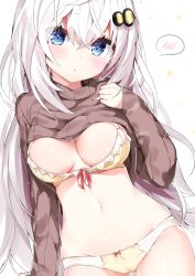 Rule 34 | 1girl, :o, blue eyes, blush, bow, bow bra, bow panties, bra, breasts, breasts apart, brown sweater, clothes lift, commentary request, groin, hair between eyes, hair ornament, head tilt, highres, kamioka shun&#039;ya, long hair, long sleeves, looking at viewer, medium breasts, navel, original, panties, parted lips, shiori (kamioka shun&#039;ya), silver hair, sleeves past wrists, solo, spoken blush, sweater, sweater lift, underwear, very long hair, vocaloid, white background, yellow bra, yellow panties