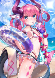 Rule 34 | 1girl, arm garter, ass, beach, bikini, bikini skirt, blue eyes, blush, breasts, choker, day, dragon horns, dragon tail, drinking, elizabeth bathory (brave) (fate), elizabeth bathory (fate), elizabeth bathory (fate/extra ccc), fate/extra, fate/extra ccc, fate/grand order, fate (series), highres, holding, horns, innertube, kt. (kaisou-notagui), looking at viewer, looking back, outdoors, pink hair, pointy ears, sand, scrunchie, sky, small breasts, smile, solo, swim ring, swimsuit, tail, wet, wrist scrunchie