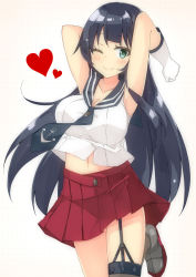 Rule 34 | 1girl, ;), agano (kancolle), anchor symbol, arms up, bare shoulders, beritabo, black hair, black necktie, black sailor collar, blush, breasts, brown background, brown thighhighs, commentary request, elbow gloves, garter straps, gloves, green eyes, grey footwear, head tilt, heart, kantai collection, large breasts, long hair, navel, necktie, one eye closed, pleated skirt, print necktie, print neckwear, red skirt, sailor collar, shirt, shoes, simple background, skirt, sleeveless, sleeveless shirt, smile, solo, standing, standing on one leg, thighhighs, very long hair, white gloves, white shirt