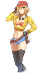 Rule 34 | 10s, 1girl, bad id, bad pixiv id, baseball cap, blonde hair, blush, breasts, cidney aurum, cleavage, cropped jacket, final fantasy, final fantasy xv, gloves, goggles, goggles around neck, green eyes, hat, large breasts, looking at viewer, midriff, navel, one eye closed, short hair, short shorts, shorts, smile, solo, standing, thighhighs, yunelala