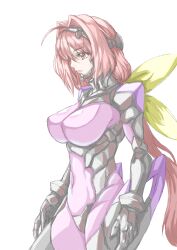Rule 34 | 1girl, absurdres, ahoge, black gloves, bodysuit, breasts, covered navel, fortified suit, from side, frown, gloves, hair intakes, hair ribbon, highres, kagami sumika, large breasts, long hair, looking ahead, mota saru, muv-luv, muv-luv alternative, pilot suit, pink bodysuit, red eyes, red hair, ribbon, skin tight, solo, very long hair, yellow ribbon
