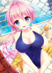 Rule 34 | 1girl, ahoge, bad id, bad pixiv id, bead bracelet, beads, between legs, blue eyes, blue one-piece swimsuit, blurry, blush, bottle, bracelet, breasts, chain-link fence, cleavage, collarbone, covered navel, cowboy shot, day, depth of field, dutch angle, fence, floating hair, haiba 09, hair between eyes, hair intakes, hand between legs, hand up, highleg, highleg swimsuit, highres, jewelry, kickboard, large breasts, long hair, looking at viewer, moe2017, one-piece swimsuit, open mouth, original, outdoors, pink hair, pool, school swimsuit, smile, solo, swimsuit, thighs, towel