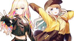 Rule 34 | 2girls, :d, arms up, baseball cap, black gloves, black headwear, black jacket, black shirt, black shorts, blonde hair, blue eyes, breasts, closed mouth, crop top, drawstring, earphones, facial mark, fingerless gloves, gloves, hat, highres, iridescent, jacket, js vica, long hair, long sleeves, looking at viewer, medium breasts, midriff, multiple girls, navel, open clothes, open jacket, open mouth, original, outstretched arm, shirt, shorts, smile, upper body, yellow jacket, yellow shirt