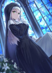 Rule 34 | 1girl, black dress, blonde hair, blurry, blurry foreground, book, breasts, church interior, commentary request, depth of field, dress, dutch angle, feet out of frame, flower, gloves, gohei (aoi yuugure), green eyes, habit, highres, indoors, long hair, long sleeves, looking at viewer, medium breasts, nijisanji, nun, sister claire, sister claire (1st costume), solo, stained glass, standing, table, tablecloth, traditional nun, virtual youtuber, white flower, white gloves, window