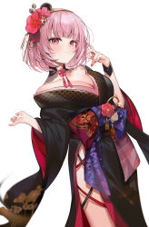 Rule 34 | 1girl, black choker, black kimono, blunt bangs, breasts, choker, cleavage, closed mouth, collarbone, flower, hair flower, hair ornament, hair stick, highres, hololive, hololive english, japanese clothes, kimono, looking at viewer, machi (7769), medium breasts, mori calliope, mori calliope (new year), nail polish, pink hair, red nails, short hair, simple background, smile, solo, thighs, virtual youtuber, white background, wide sleeves