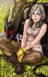Rule 34 | 1girl, bladewolf, blue eyes, breasts, clothes around waist, cyborg, dirty, dirty face, ear protection, gloves, headset, highres, konami, lips, long hair, looking at viewer, metal gear (series), metal gear rising: revengeance, name tag, overalls, silver hair, sitting, smile, striped, sunny gurlukovich, swept bangs, take (draghignazzo), tank top