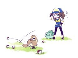 Rule 34 | 10s, 1girl, bad id, bad twitter id, baseball cap, beak, belt, black footwear, black gloves, black pants, blue eyes, blue hat, brown hair, bulbasaur, closed mouth, commentary request, creatures (company), cropped jacket, failure, female protagonist (pokemon go), fingerless gloves, full body, game freak, gen 1 pokemon, gloves, hat, holding, holding poke ball, jacket, katagiri (mighty swing), leggings, long sleeves, motion lines, nintendo, pants, pidgey, poke ball, pokemon, pokemon (creature), pokemon go, ponytail, rectangular mouth, shoes, simple background, sketch, solid circle eyes, standing, sweatdrop, talons, white background, yellow jacket