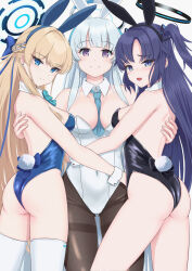 Rule 34 | 3girls, alternate costume, animal ears, aqua bow, aqua bowtie, ass, between breasts, black leotard, black pantyhose, blue archive, blue leotard, blue necktie, blush, bow, bowtie, braid, breasts, covered navel, detached collar, fake animal ears, fake tail, halo, highres, hug, large breasts, leotard, looking at viewer, medium breasts, multiple girls, necktie, necktie between breasts, noa (blue archive), official alternate costume, pantyhose, playboy bunny, rabbit ears, rabbit tail, simple background, smile, sweatdrop, syimo, tail, thighhighs, toki (blue archive), toki (bunny) (blue archive), two side up, white background, white leotard, white thighhighs, wrist cuffs, yuuka (blue archive)