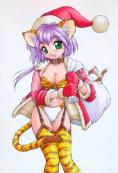 Rule 34 | 1girl, :d, animal ears, animal print, breasts, buckle, cat ears, cat tail, christmas, cleavage, collar, ebifly, garter belt, gloves, green eyes, hat, large breasts, looking at viewer, open mouth, purple hair, red gloves, sack, santa costume, santa hat, short hair, simple background, smile, solo, tail, thighhighs, tiger ears, tiger print, tiger tail