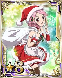 Rule 34 | 10s, 1girl, black thighhighs, card (medium), collar, collarbone, dress, gift bag, hair ornament, hat, index finger raised, lisbeth (sao), looking at viewer, open mouth, pink eyes, pink hair, red dress, red hat, santa costume, santa hat, short hair, solo, star (symbol), strapless, strapless dress, sword art online, thigh strap, thighhighs, wrist cuffs