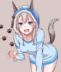 Rule 34 | 1girl, animal ears, blonde hair, blue eyes, claw pose, eila ilmatar juutilainen, fox ears, fox tail, hood, leaning forward, long hair, looking at viewer, momiji7728, open mouth, paw print, simple background, solo, strike witches, tail, tan background, world witches series
