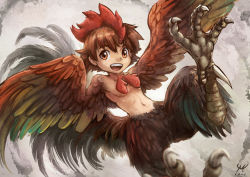 Rule 34 | 1boy, brown eyes, brown hair, commentary request, feathered wings, feathers, harpy boy, looking at viewer, male focus, maxa&#039;, monster boy, navel, open mouth, original, solo, talons, teeth, wings