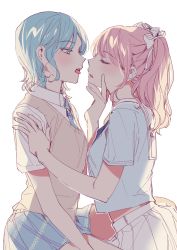 Rule 34 | 2girls, bad id, bad twitter id, braid, closed eyes, grabbing another&#039;s chin, green hair, hand on another&#039;s chin, hand on shoulder, highres, ihpi, multiple girls, necktie, open mouth, pink hair, skirt, tongue, tongue out, white background, yuri