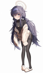 Rule 34 | 1girl, absurdres, black cardigan, black hair, black pantyhose, black thighhighs, blue archive, blue eyes, book, brown cardigan, buttons, cardigan, cover, cover page, delete (xxag4475), full body, glasses, hairband, halo, highres, holding, holding book, jewelry, long hair, long sleeves, pantyhose, round eyewear, sailor collar, shadow, simple background, slippers, solo, sweater, thighhighs, thighs, turtleneck, turtleneck sweater, ui (blue archive), very long hair, white background